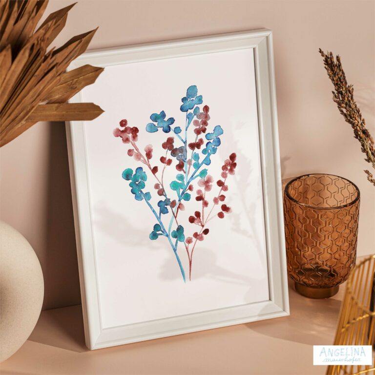 Dryedflowers Aquarell in Rot und Blau