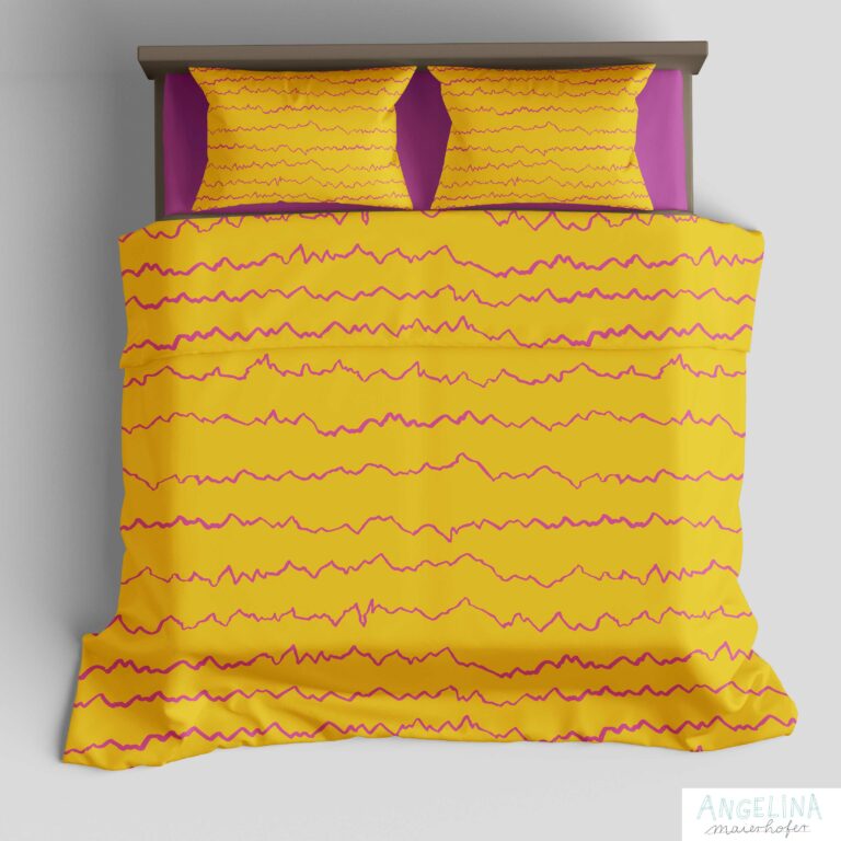 Mockupdarstellung Bedding Design Mountain Heartbeat in gelb und magenta Angelina Maierhofer
