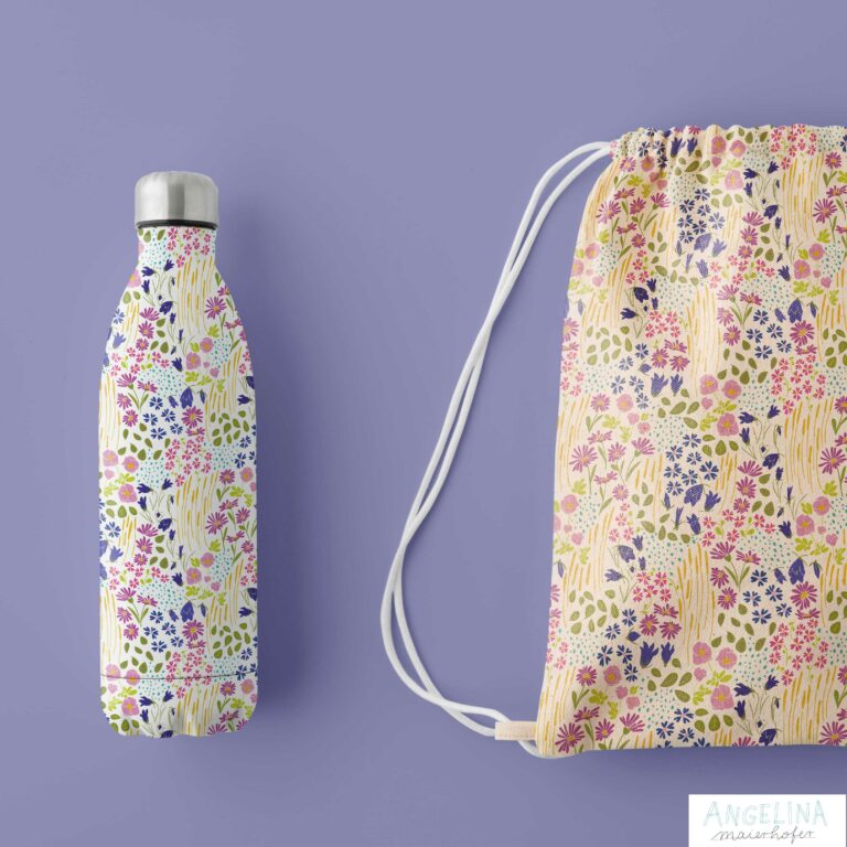 Mockupdarstellung Bottle und Bag Design Alpineflowers Angelina Maierhofer