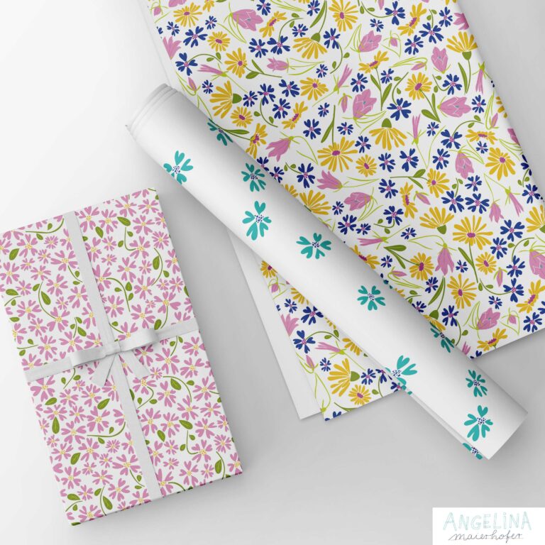 Mockupdarstellung Surfacedesign Giftwrap Design Alpineflowers Angelina Maierhofer