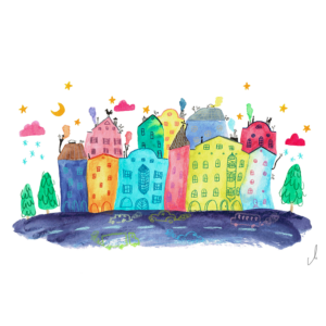 bunte Häuserwelt in Aquarell und Mixedmedia Innsbruck inspiriert von Angelina Maierhofer 2020