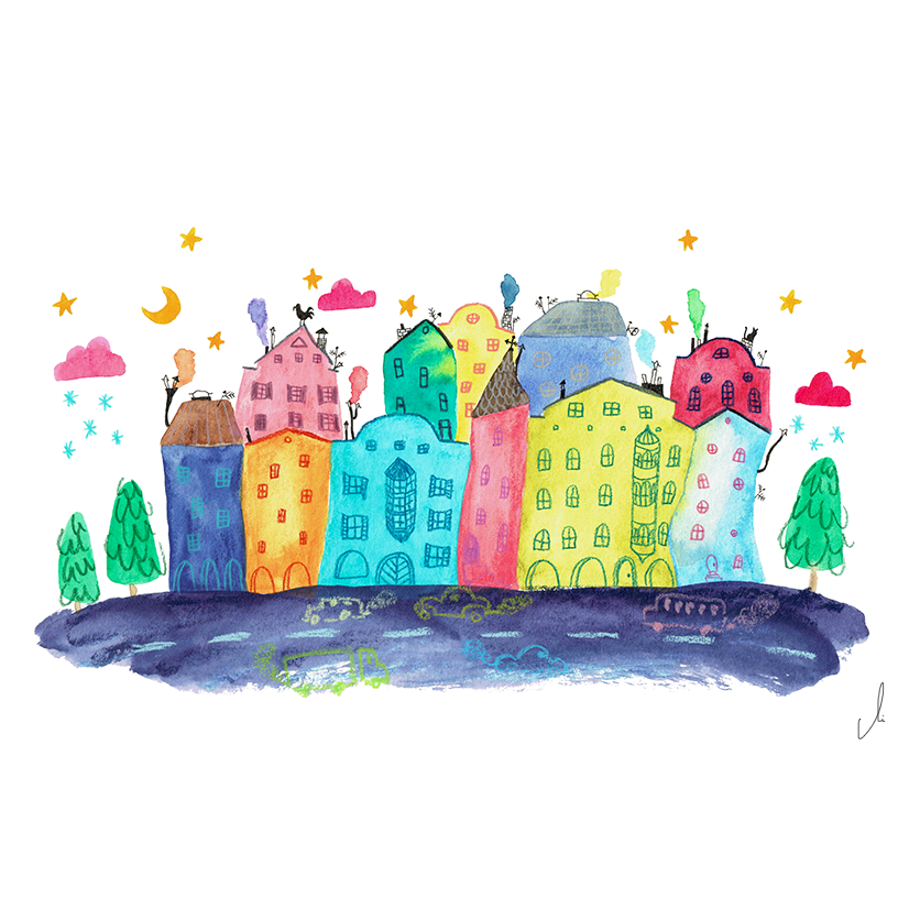 bunte Häuserwelt in Aquarell und Mixedmedia Innsbruck inspiriert von Angelina Maierhofer 2020